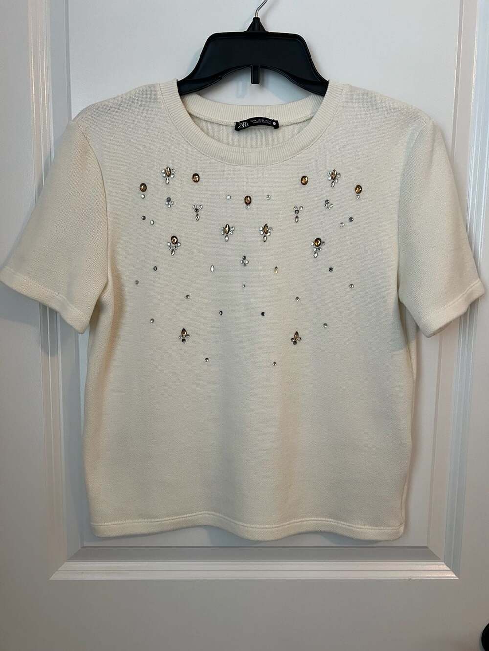 Zara Embellished Jewel Knit Short Sleeve Top Size M